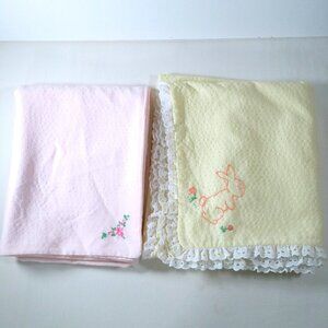 Vintage Handmade New Born Baby Receiving Blankets Pink/Yellow 45in by 35in